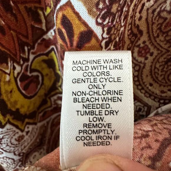 E.S.T. 1946 blouse mock neck paisley cream brown bohemian 3/4 length sleeve  - Picture 5 of 10